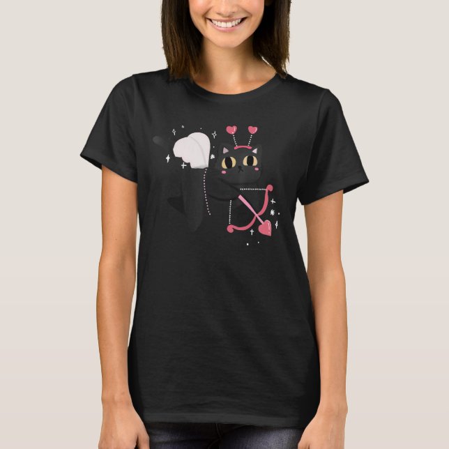 Black Cat Cupid For Valentine's Day Kitten Heart T-Shirt (Front)