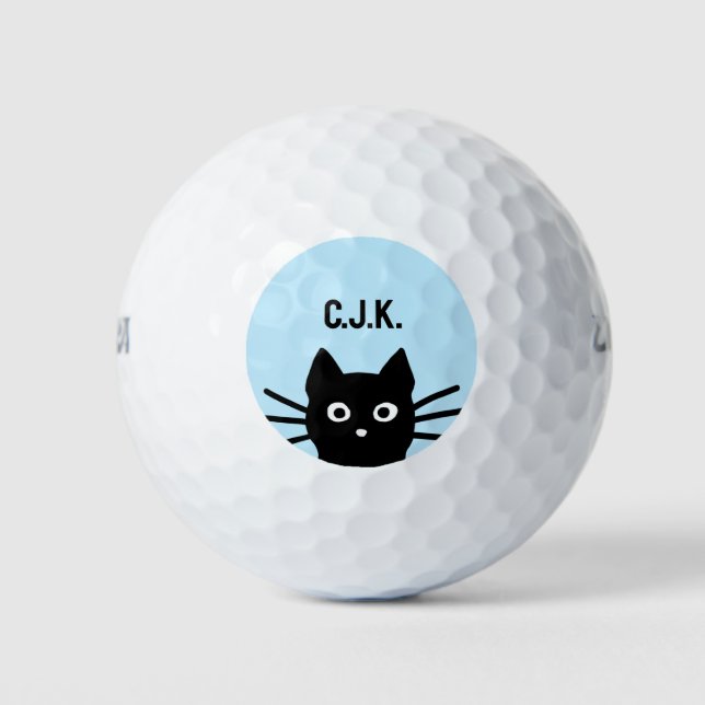 Black Cat Custom Name Funny Peeking Cat Golf Balls (Front)