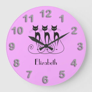 Black cat cute funny triplet large clock