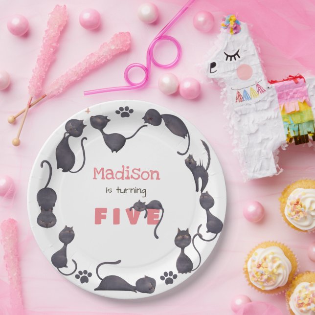 Black cat cute kids birthday paper plate (Party)