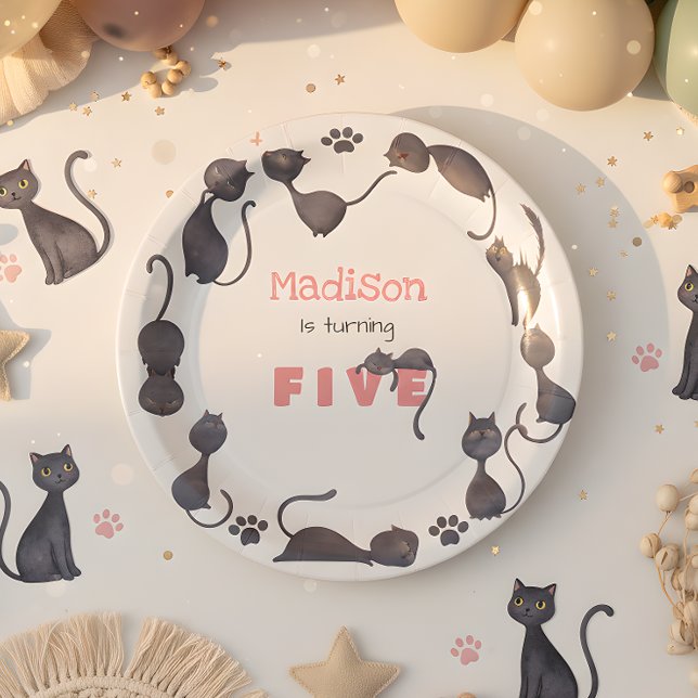 Black cat cute kids birthday paper plate (Creator Uploaded)