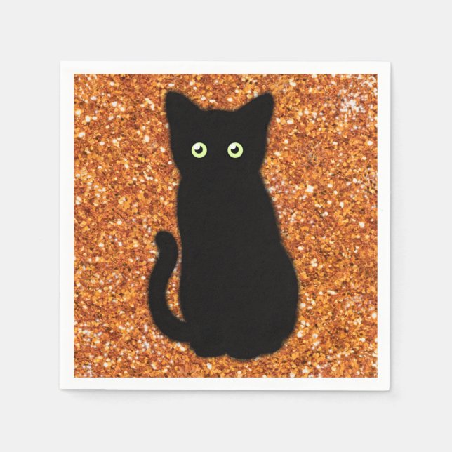 Black cat, cute kitten, sparkling orange glitter   napkin (Front)