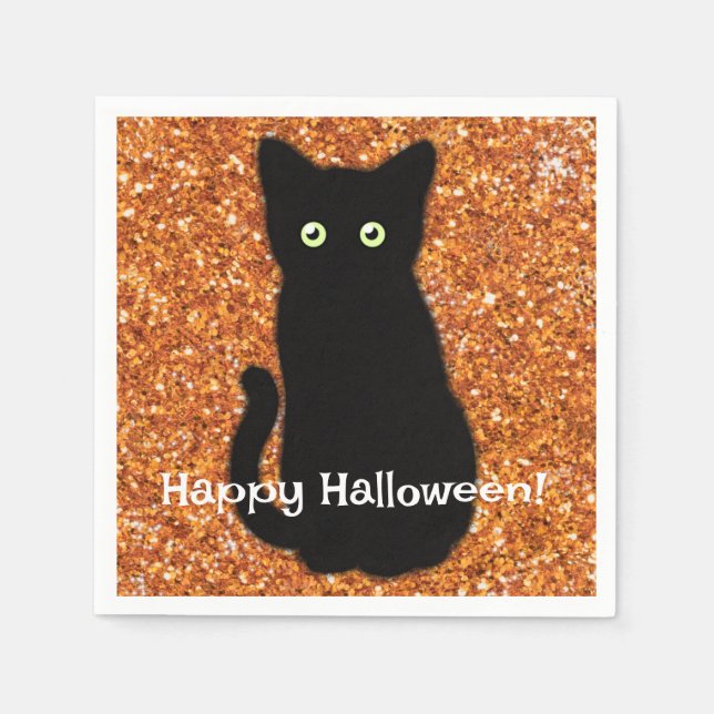 Black cat, cute kitten, sparkling orange glitter   napkin (Front)