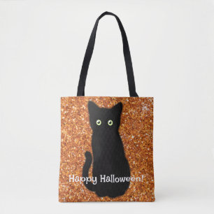 Black cat, cute kitten, sparkling orange glitter tote bag