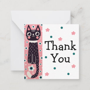 Black Cat, Daisy Flowers, Pink Thank You Card