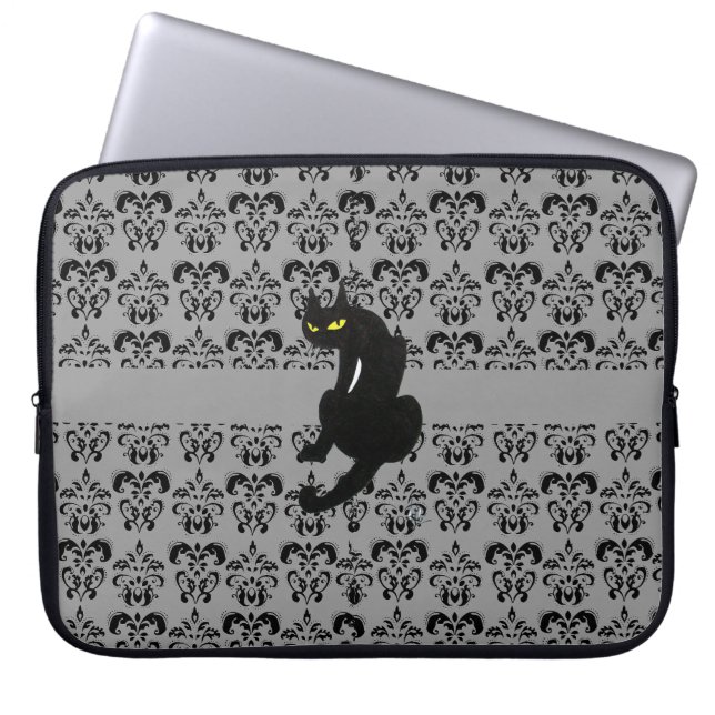BLACK CAT DAMASK black grey Laptop Sleeve (Front)