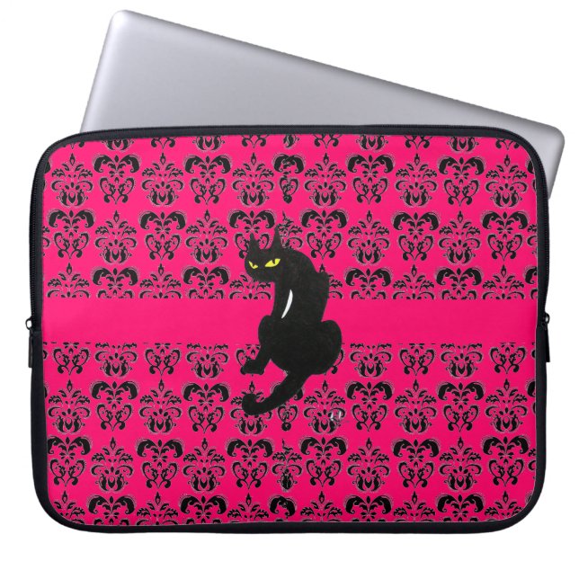 BLACK CAT DAMASK black pink fuchsia Laptop Sleeve (Front)