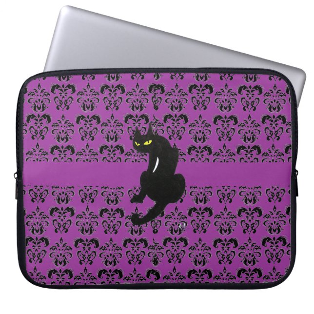 BLACK CAT DAMASK black purple Laptop Sleeve (Front)
