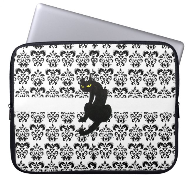 BLACK CAT DAMASK black white Laptop Sleeve (Front)