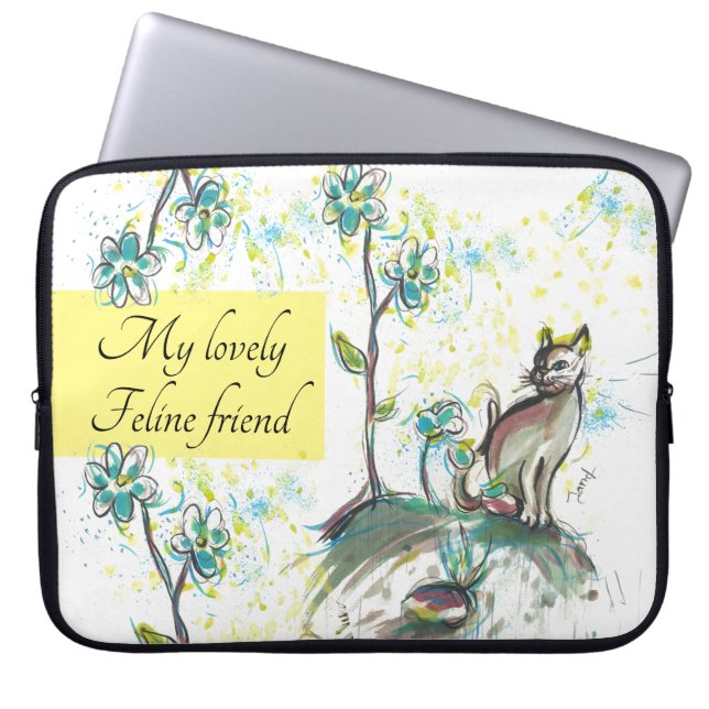 Black cat design laptop tablet sleeve case (Front)