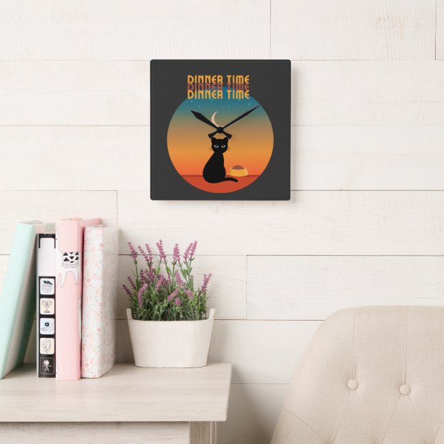 Black Cat Dinner Time Square Wall Clock (Reading Room)