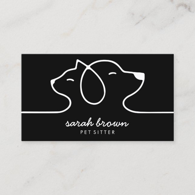 Black Cat Dog Line Logo Petsitter Business Card (Front)