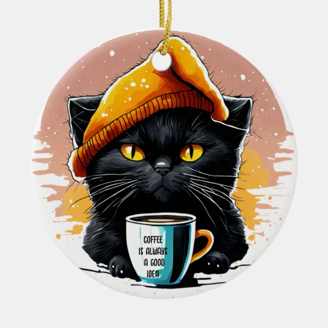 black cat drink a cap coffee Ornament (Front)