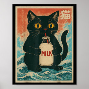 Black Cat Drink Milk Carton Anime Japanese Funny G Poster