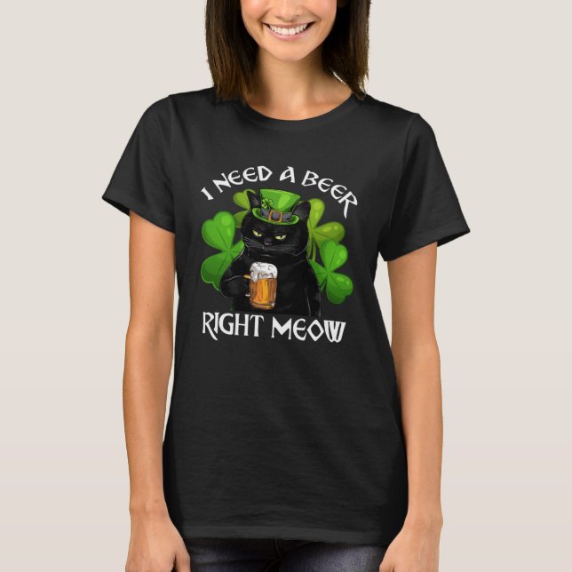 Black Cat Drinking Beer St Patricks Day For Irish  T-Shirt (Front)