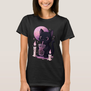 Black Cat Drinking Boba Goth Bubble Tea T-Shirt