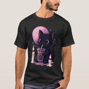Black Cat Drinking Boba Goth Bubble Tea T-Shirt