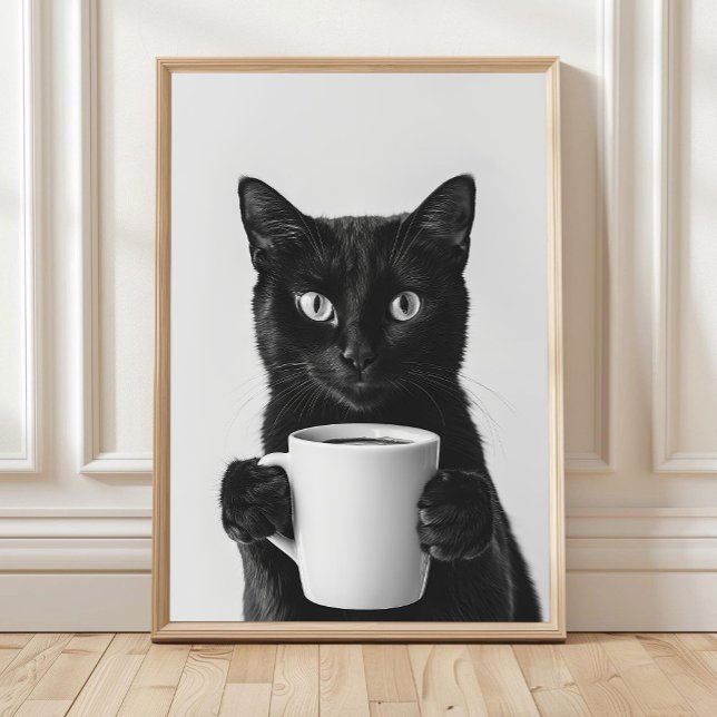 Black Cat Drinking Coffee Wall Art, Black and Whit Poster (Creator Uploaded)