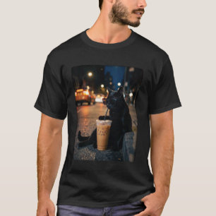 Black Cat Drinking Iced Coffee Funny Animal Meme C T-Shirt