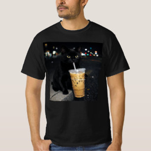 Black Cat Drinking Iced Coffee  T-Shirt