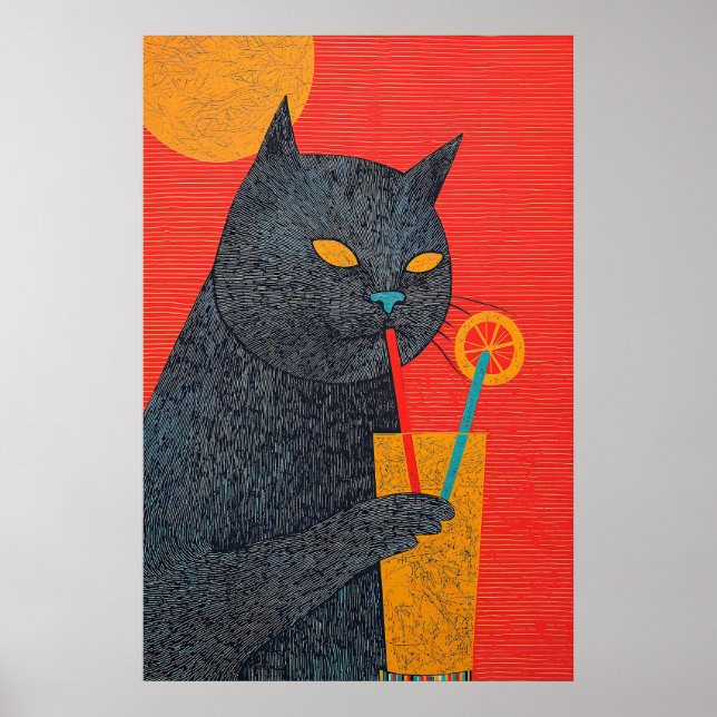 Black Cat Drinking Juice Art Print Quirky Giclée (Front)