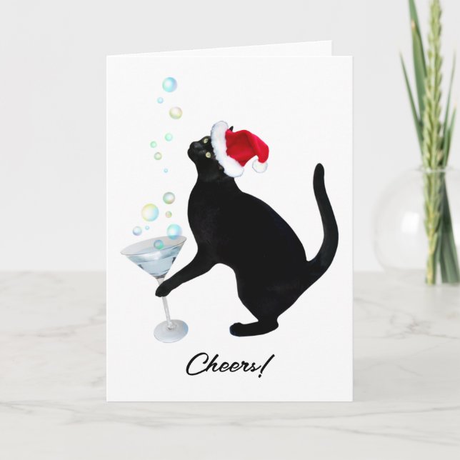 Black Cat Drinking Martini Holiday Card (Front)