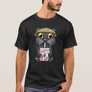 Black Cat Drinking Strawberry Milk Kitten Girls Bo T-Shirt