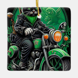 Black Cat driving bike St. Patrick's Day Ceramic Ornament