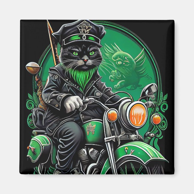 Black Cat driving bike St. Patrick's Day Magnet (Front)