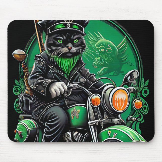 Black Cat driving bike St. Patrick's Day Mouse Pad (Front)