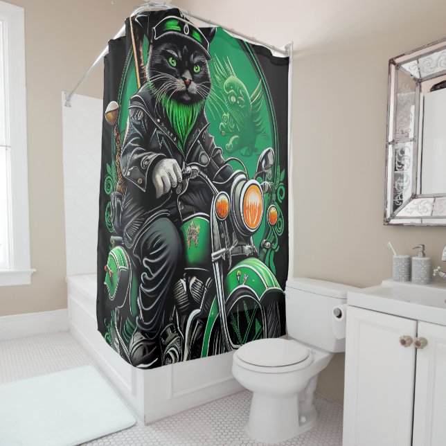 Black Cat driving bike St. Patrick's Day Shower Curtain (In Situ)
