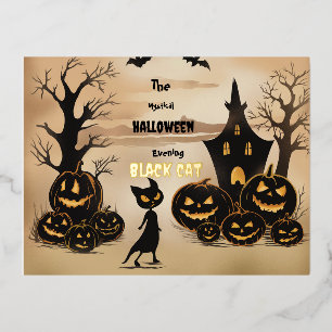 "Black cat during Halloween in the walls."" Foil Holiday Postcard