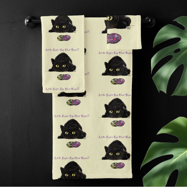 Black Cat Easter Eggs Hunt Holiday Yellow Bath Towel Set (Creator Uploaded)
