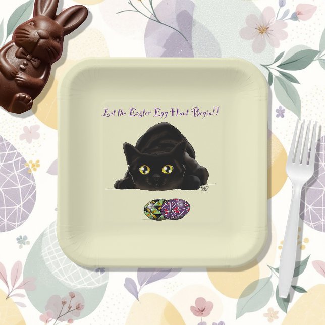 Black Cat Easter Eggs Hunt Holiday Yellow Paper Plate (Creator Uploaded)