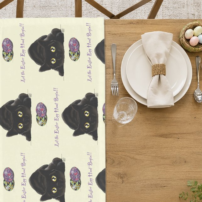 Black Cat Easter Eggs Hunt Holiday Yellow Short Table Runner (Creator Uploaded)
