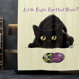 Black Cat Easter Eggs Hunt Holiday Yellow Shower Curtain