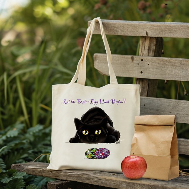 Black Cat Easter Eggs Hunt Holiday Yellow Tote Bag (Creator Uploaded)