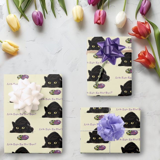 Black Cat Easter Eggs Hunt Holiday Yellow Wrapping Paper Sheet (Creator Uploaded)