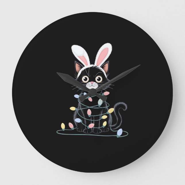 Black Cat Easter Pajama Funny Easter Decorations L Large Clock (Front)
