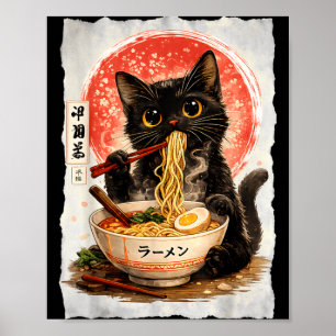 Black Cat Eating Ramen Cute Kawaii Anime Cat Poster