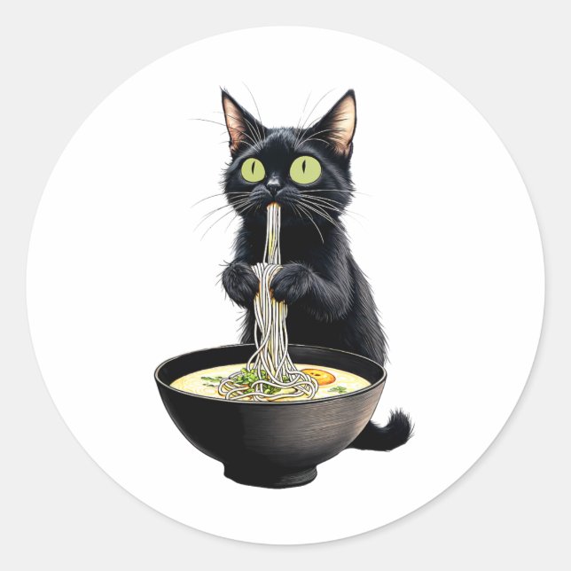 Black Cat Eating Ramen Noodles Japanese Food  Classic Round Sticker (Front)
