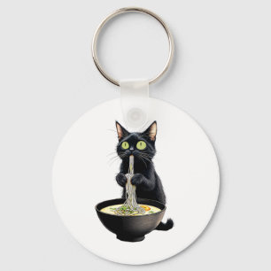 Black Cat Eating Ramen Noodles Japanese Food  Key Ring