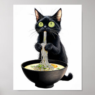 Black Cat Eating Ramen Noodles Japanese Food Poster