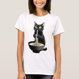 Black Cat Eating Ramen Noodles Japanese Food T-Shirt