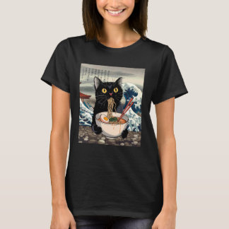 Black Cat Eating Ramen Noodles Japanese Wave Art F T-Shirt