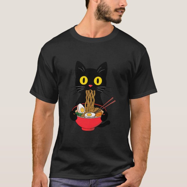Black Cat Eating Ramen Noodles Kawaii Anime Japane T-Shirt (Front)