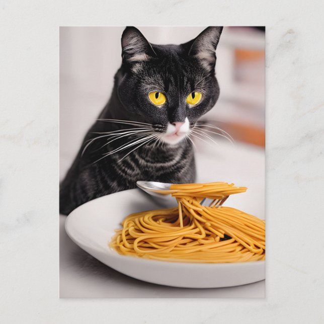 Black Cat Eating Spaghetti Postcard (Front)