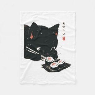 Black Cat Eating Sushi - Cat Japanese Art  Fleece Blanket