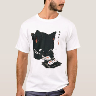 Black Cat Eating Sushi - Cat Japanese Art T-Shirt