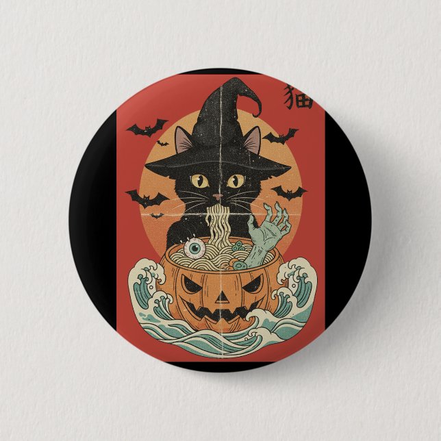 Black cat eats Japanese ramen for Halloween 6 Cm Round Badge (Front)